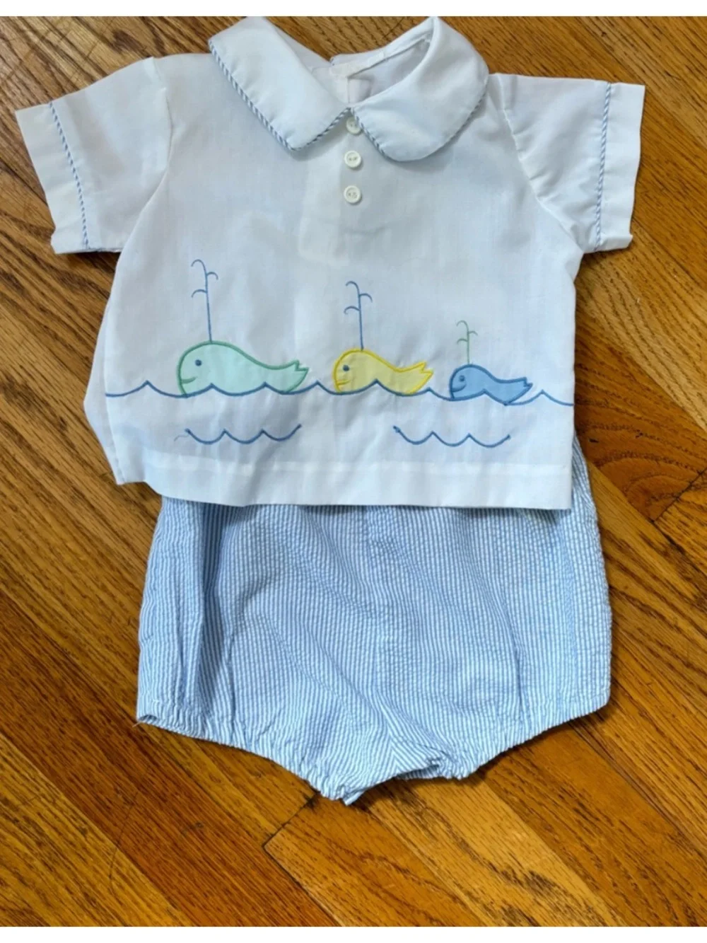 Vintage 1993 Seersucker Embroidered Whales 2 Piece Romper Set Blue Baby 6-9 M